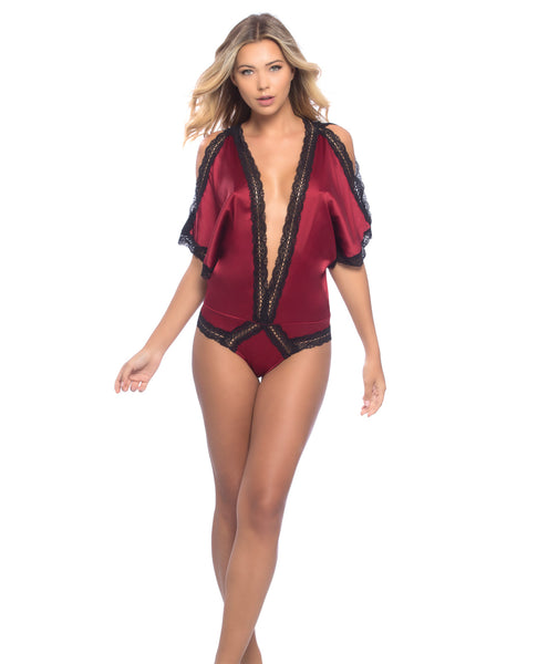 Bridgette Draped Satin Teddy w/Lace Edges Rhubarb/Black SM