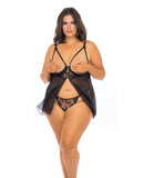 Kira Embroidered Open Cup Flyaway Babydoll & G-String Black 2X