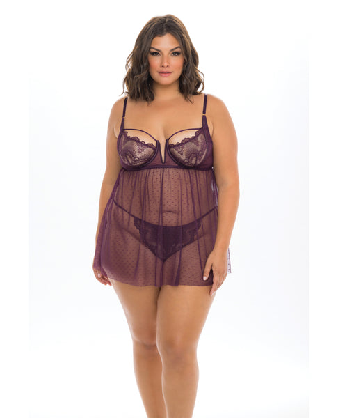 Eve Lace & Pin dot Mesh Babydoll w/G-String Italian Plum 1X