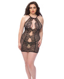 High Neck Eyelash Lace Chemise w/Elastic Edges & Scoop Back & G-String Black 1X