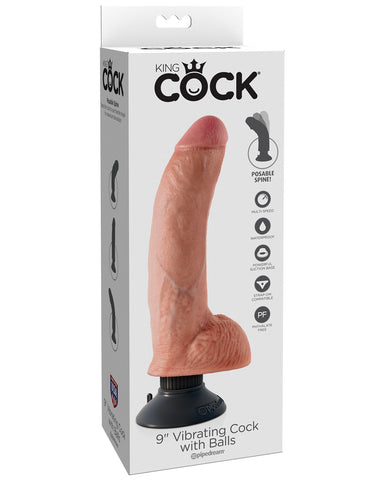 King Cock 9" Vibrating Cock w/Balls - Flesh