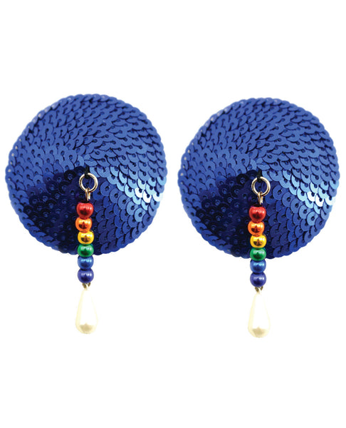 Sequin Nipple Covers Round w/Rainbow Beads and Pearls - Blue