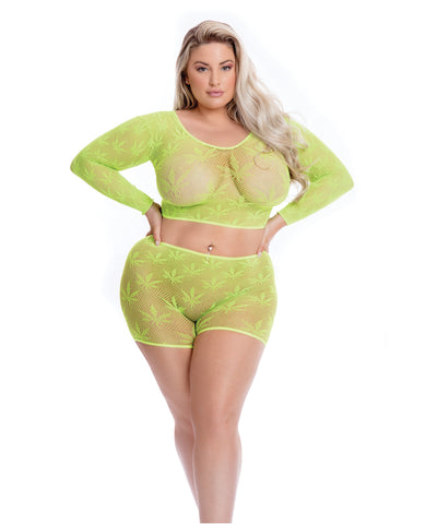 Pink Lipstick Leaf it to Me Long sleeve Crop Top & Short Green QN