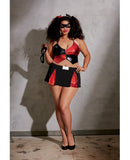 Stretch Knit Halter Crop w/Zipper & Adjstble Strps, Skirt, 2 Masks & 2 Hair Ribbons Black/Red QN