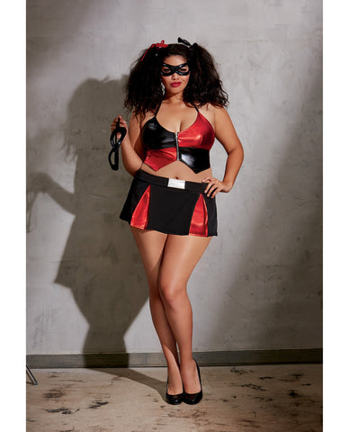 Stretch Knit Halter Crop w/Zipper & Adjstble Strps, Skirt, 2 Masks & 2 Hair Ribbons Black/Red QN