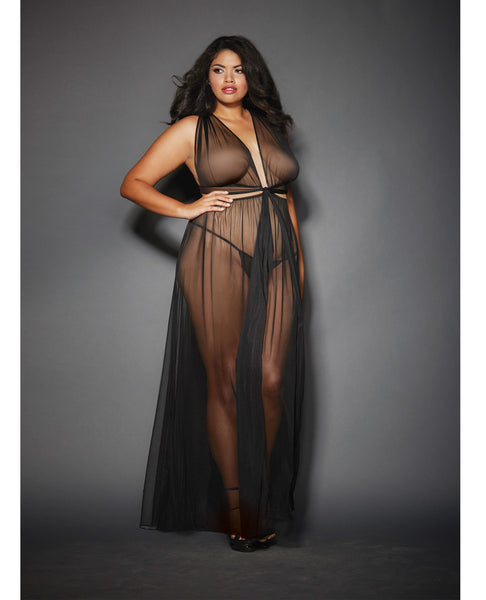 Sheer Mesh Gown w/Cut Out Sides & Ties in Back w/G-String Black QN