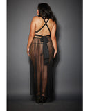 Sheer Mesh Gown w/Cut Out Sides & Ties in Back w/G-String Black QN