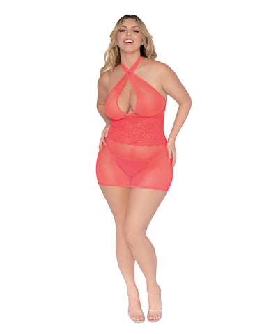 Simply Sexy Stretch Fishnet & Lace Chemise w/Open Back & G-String Coral QN