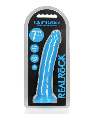 Shots RealRock 8" Slim  Dildo Glow in the Dark - Neon Blue