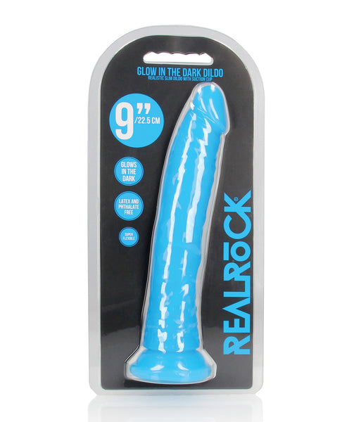 Shots RealRock 10" Slim Dildo Glow in the Dark - Neon Blue