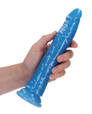 Shots RealRock 10" Slim Dildo Glow in the Dark - Neon Blue