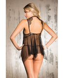 Eyelash Lace Babydoll w/High Collar & Net Skirt & G-String Black MD