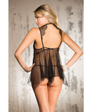 Eyelash Lace Babydoll w/High Collar & Net Skirt & G-String Black SM