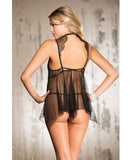 Eyelash Lace Babydoll w/High Collar & Net Skirt & G-String Black XL