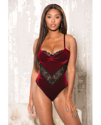 Holiday Stretch Velvet & Lace Teddy w/Underwire Cups & Adjustable Straps Burgundy SM