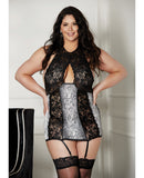 Lace Halter Neck & Snake Skin Print Gartered Chemise Black 2X