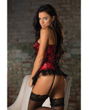 Holiday Satin Corset w/Underwired Cups, Lace Up Back, Adj Strps & Grtrs & G-String - Red/Black