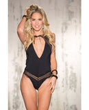 Spandex & Eyelash Lace Thong Teddy w/High High Neck Ribbon Tie Closure & Lace Trimed Back Black SM