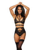 Stretch Lace w/Satin Elastic Bra, Garter Belt & G-String Panty Black XXL