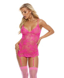 Stretch Floral Lace Gartered Chemise w/G-String Hot Pink XL