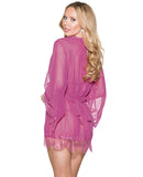 Mesh Robe w/Lace Trim Bell Sleeves, Tri Top & G-String Magenta 2X