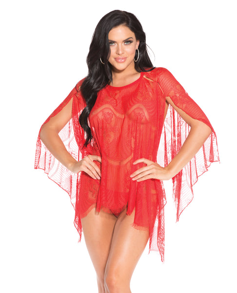 Sheer Lace Poncho w/G-String Red 2X