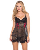 Sheer Lace Chemise w/Lace Up Detail & G-String Black 2X