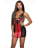 Lace & Mesh Chemise w/Adjustable Straps & G-String Black/Red MD