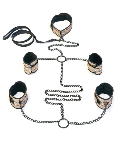 Spartacus Faux Leather Collar to Wrist & Ankle Restraints Bondage Kit w/Leash - Gold