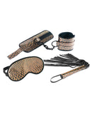 Spartacus Faux Leather Wrist Restraints Blindfold & Flogger Bondage Kit - Gold