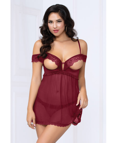 Lace & Mesh Open Cups Babydoll w/Fly Away Back & Panty - Wine