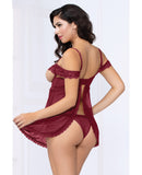 Lace & Mesh Open Cups Babydoll w/Fly Away Back & Panty - Wine