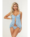 Satin Jacquard Dot Mesh Scallop Lace Babydoll & G-String Blue SM