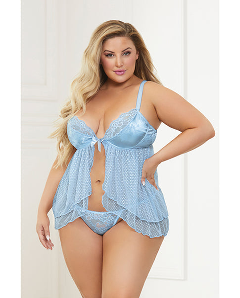 Satin Jacquard Dot Mesh Scallop Lace Babydoll & G-String Blue 3X/4X