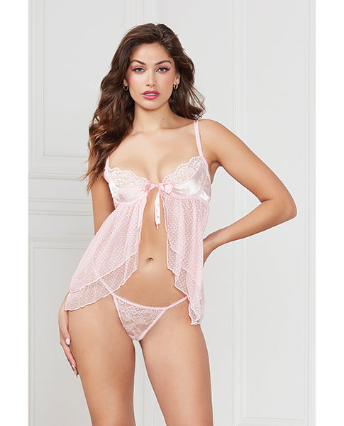 Satin Jacquard Dot Mesh Scallop Lace Babydoll & G-String Light Pink XL