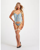 Lace & Mesh Bustier w/Lace Up Center, Garter Belt & Thong Blue XL