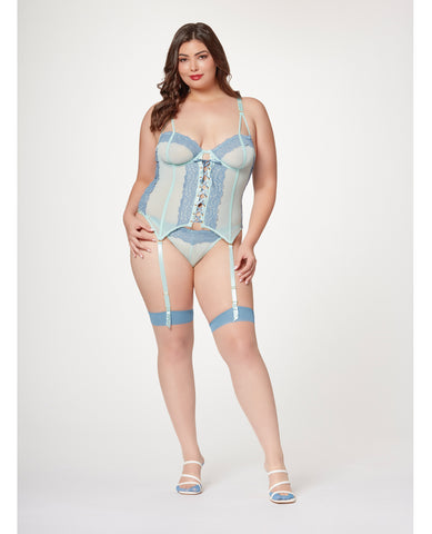 Lace & Mesh Bustier w/Lace Up Center, Garter Belt & Thong Blue 3X/4X