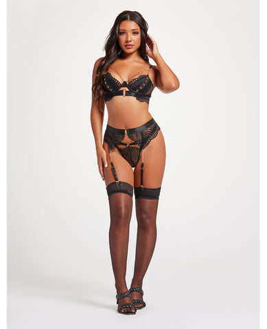 Scalloped Lace Bra w/Gold Chain, Garter Belt & Thong Black LG