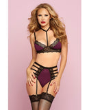 Galloon Lace & Microfiber Bra w/Adjustable Straps & High Waisted Panty Wine O/S