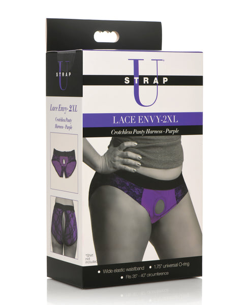 Strap U Lace Envy Crotchless Panty Harness - 2XL Purple