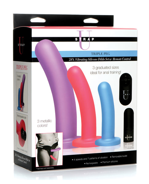 Strap U Triple Peg 28X Vibrating Silicone Dildo Set w/Remote - Asst. Colors